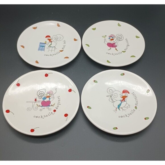 Bella Casa By Ganz Tipsy Chicken Cocktail Plates Mai Tai Daquari Martini - Picture 1 of 7